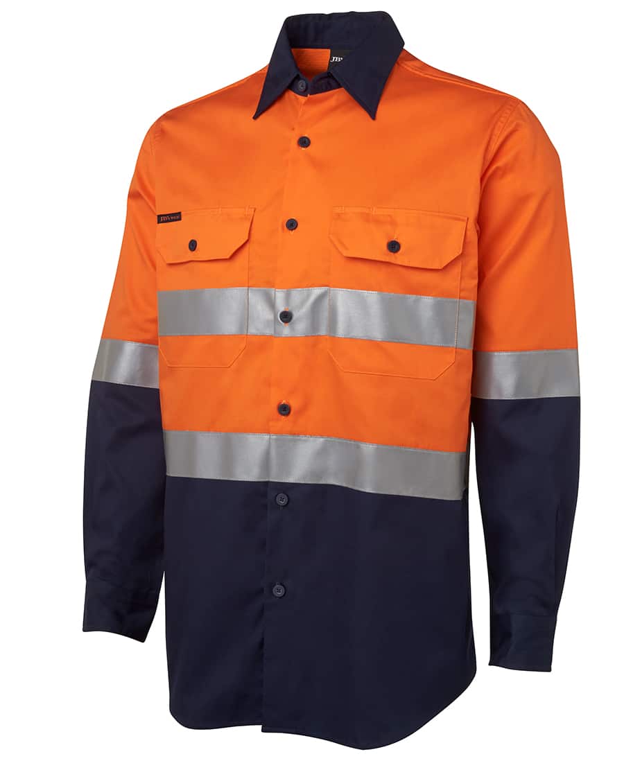 6DNWL JB’s Lightweight Hi Vis D or N Taped Long Sleeve Cotton Drill Shirt-orange navy