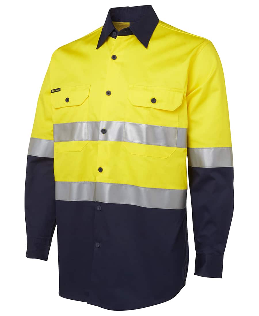 6DNWL JB’s Lightweight Hi Vis D or N Taped Long Sleeve Cotton Drill Shirt-yellow navy