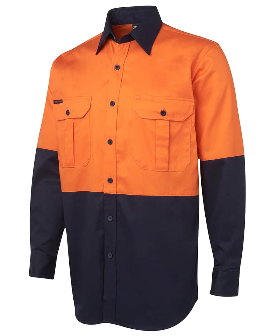 6HWL JB’s Hi Vis Long Sleeve Cotton Drill Shirt orange navy